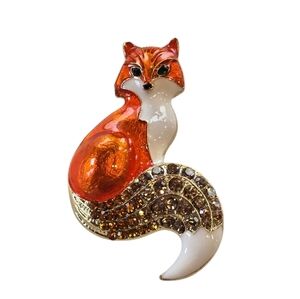 Fox Orange Enamel Goldtone Rhinestone Accents Brooch